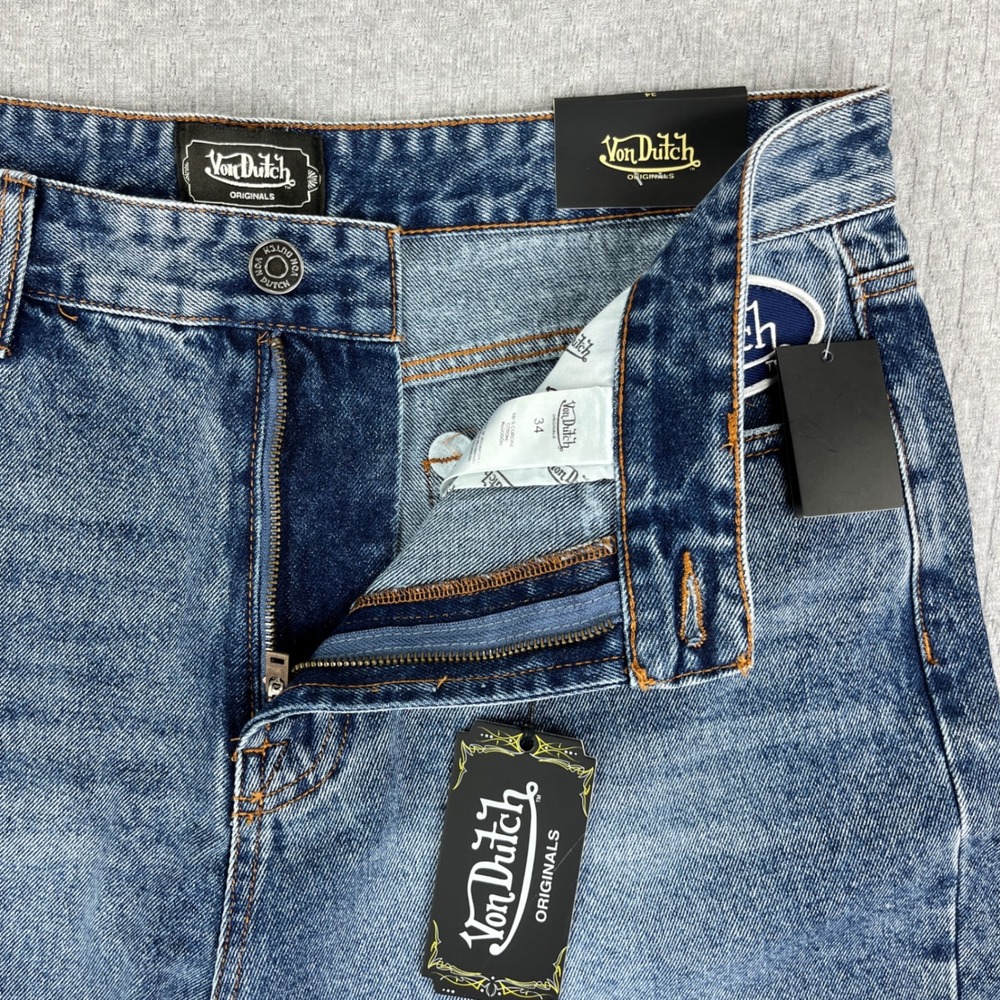 New Von Dutch Denim Shorts Men 34 Blue Originals Logo Patch Baggy Y2K Streetwear - Picture 4 of 14